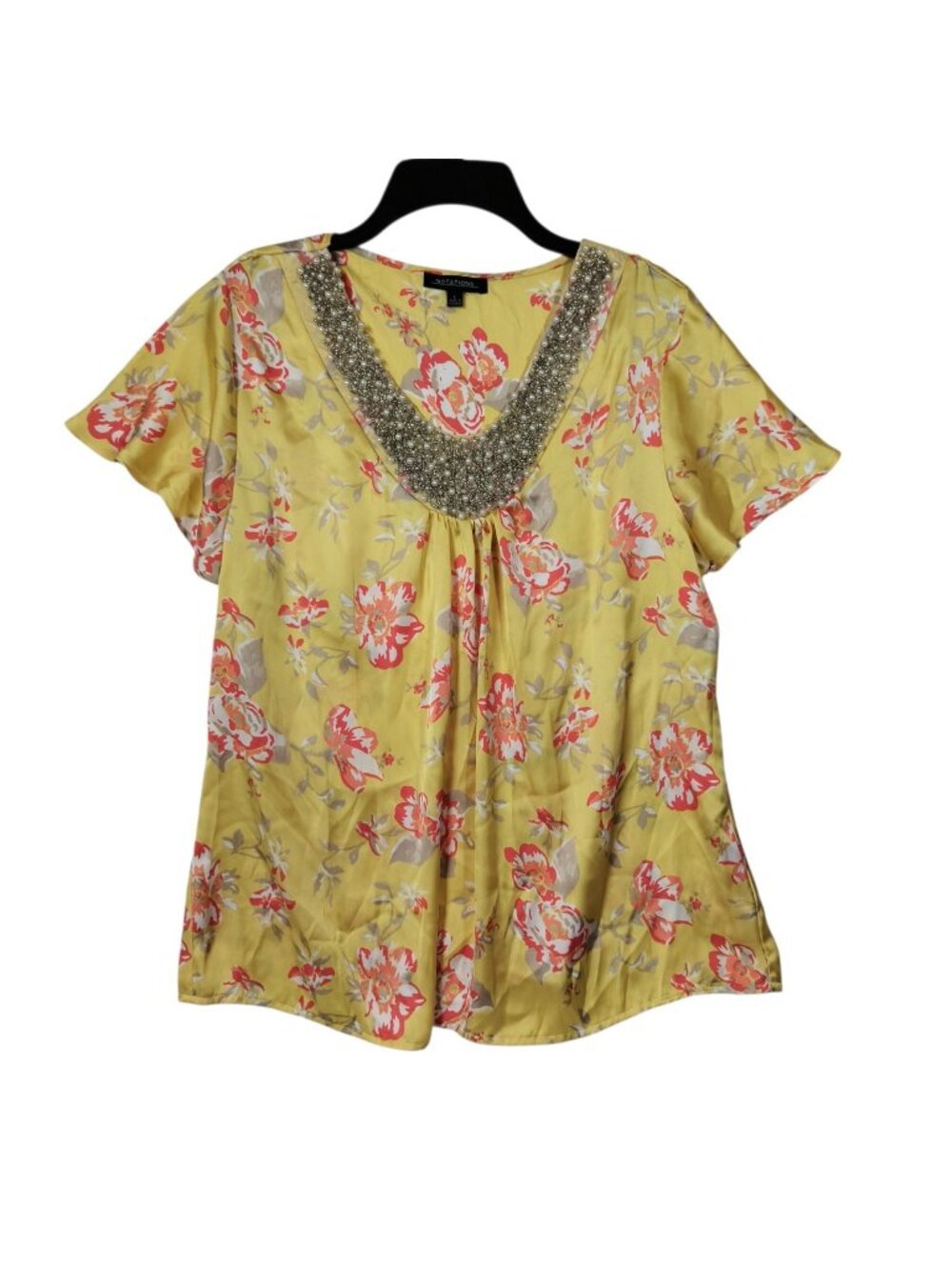 Notations Shirt Womens Large Yellow Floral Embellished Short Sleeve Blouse